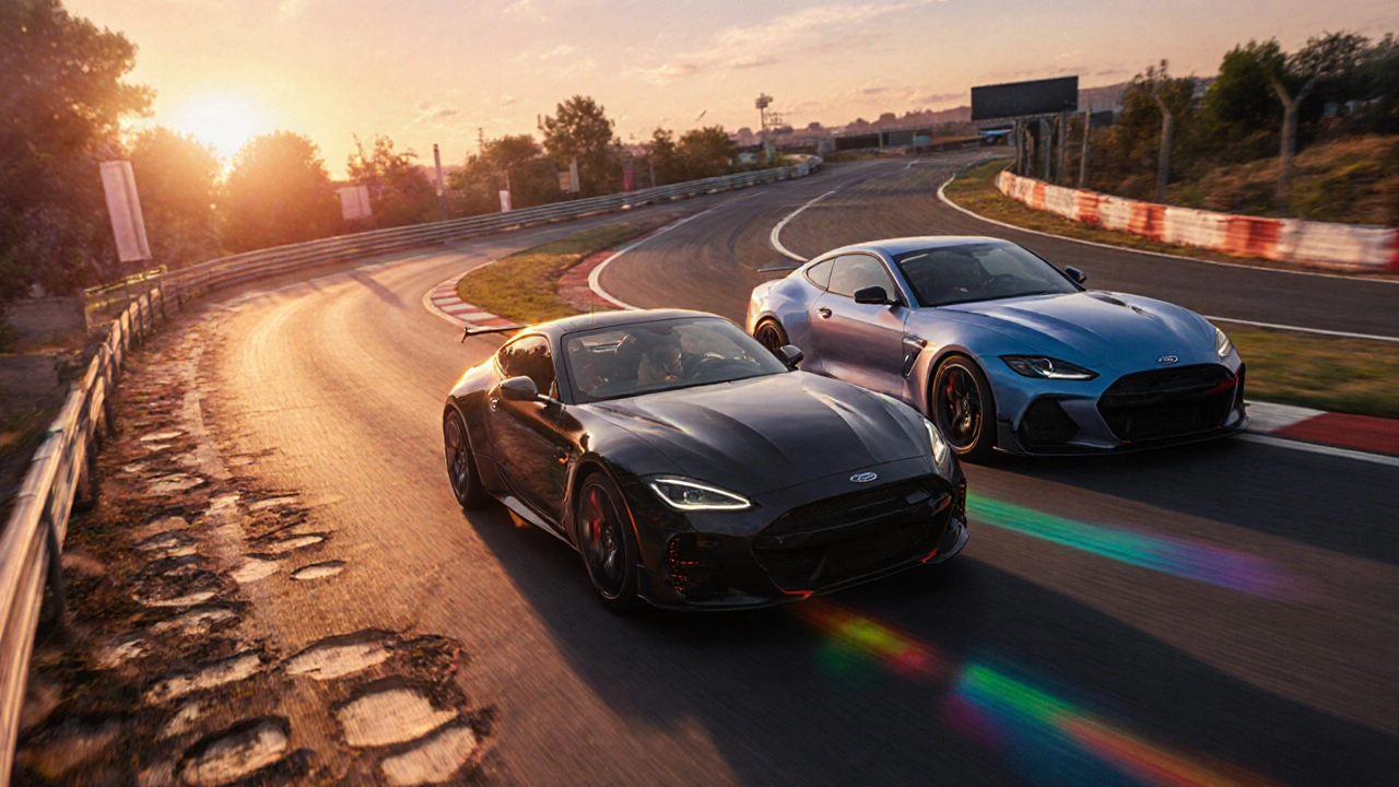 Car moving from a bumpy city street with a soft ride to a sharp racetrack corner with stiff suspension.
