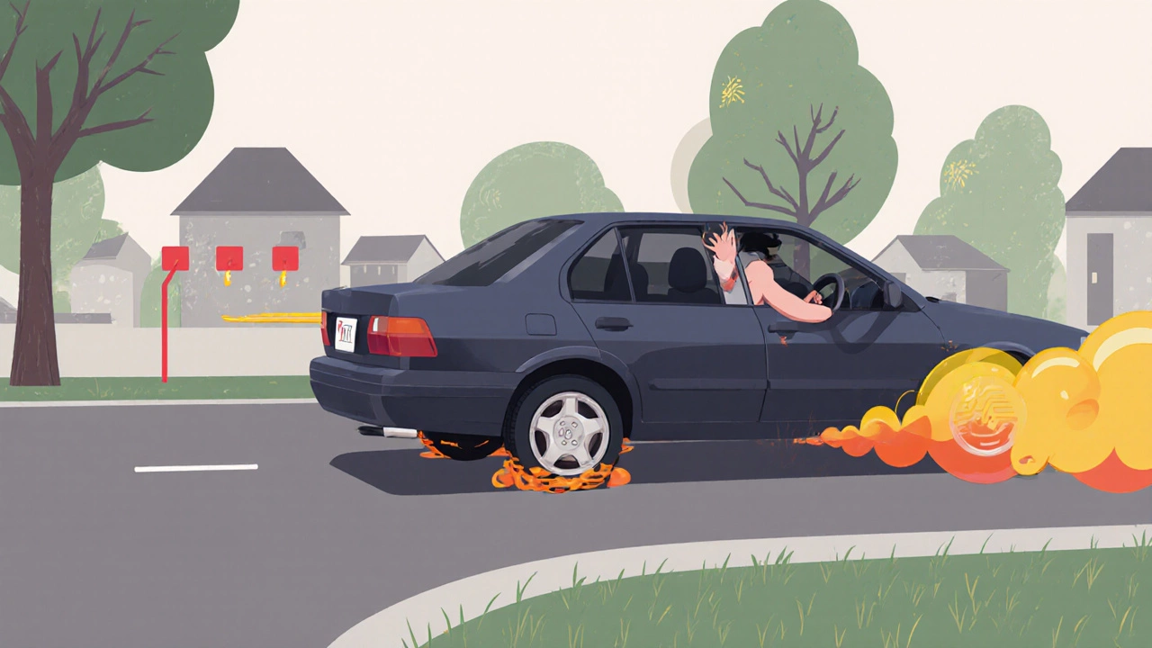 Car on road with driver noticing sputtering engine and vapor near rear axle.