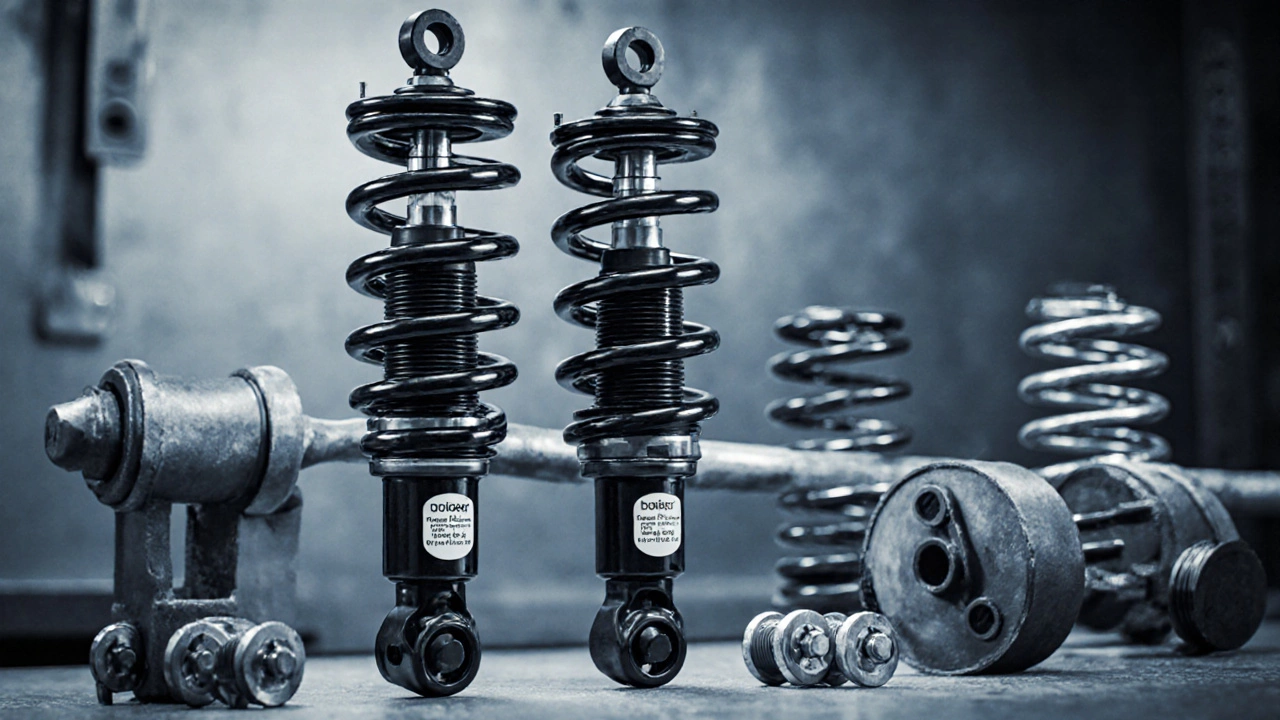Close-up of adjustable coilovers, anti‑roll bar, and springs displayed on a workshop bench.