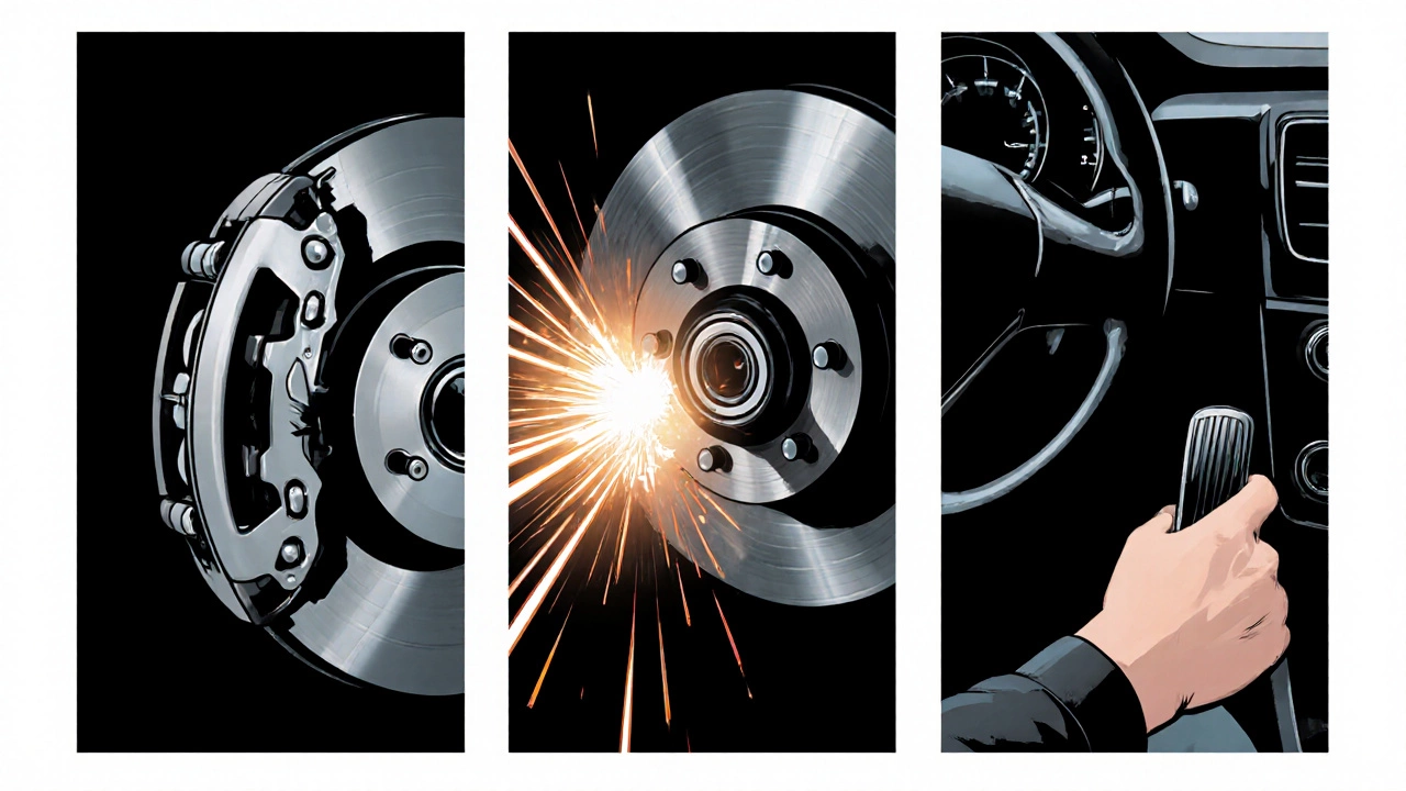 Comic‑style split scene showing brake squeal, grinding sparks, and a soft pedal with vibrating steering wheel.