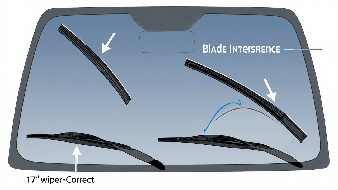 Cross-section diagram showing how a 17-inch wiper blade creates lift-off and uncovered zones on a windshield.