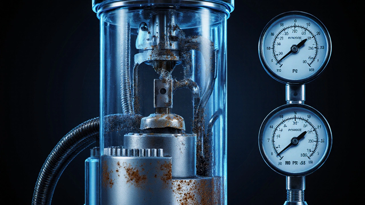 Cross-section of a damaged fuel pump inside a gas tank with pressure gauge showing low reading.
