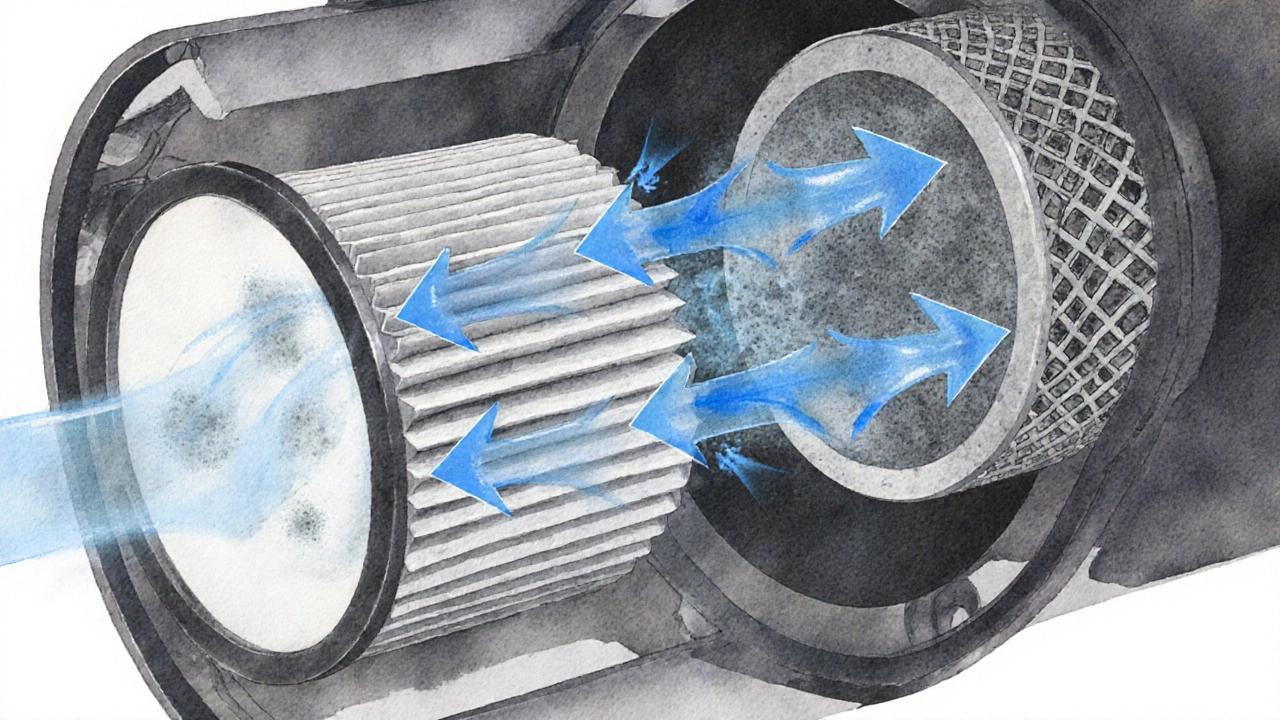 Cutaway illustration of engine intake with airflow arrows showing differences between paper and washable filters.