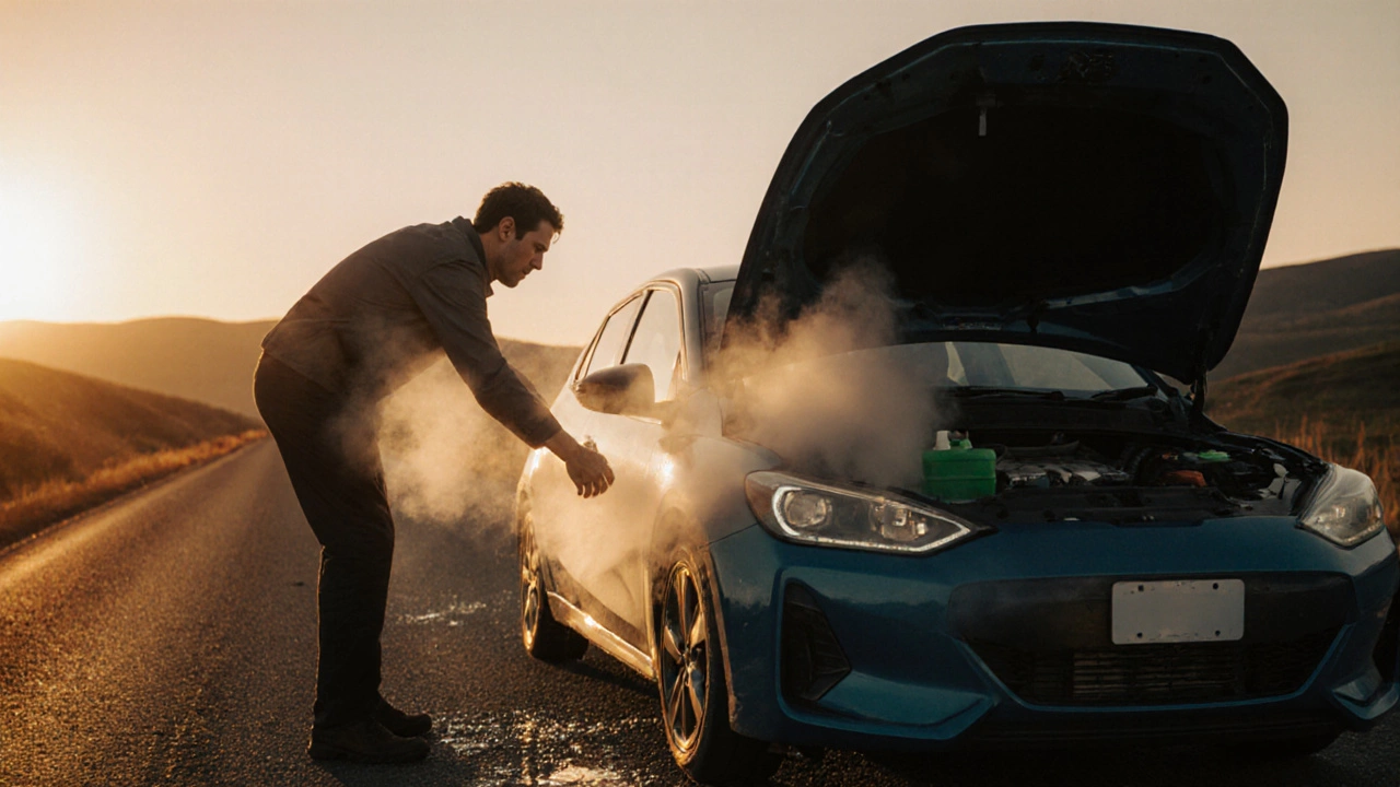 Driver stops on roadside, steam rises, checking the coolant under the open hood.