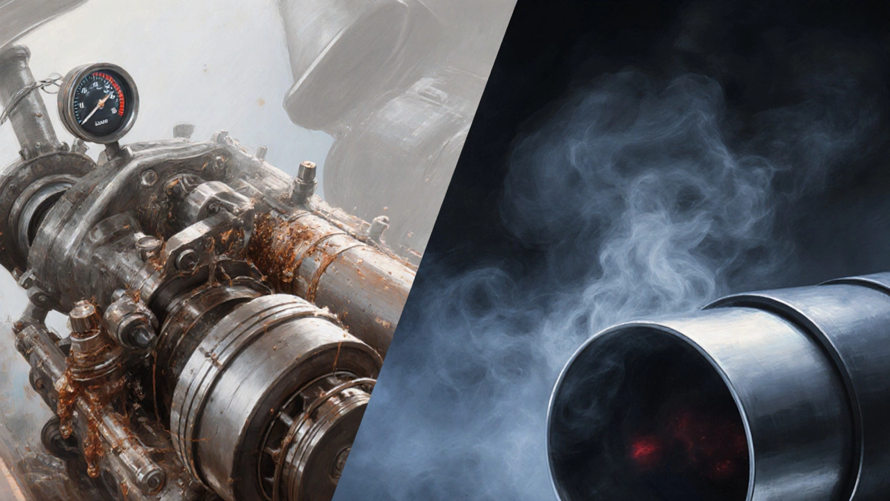 Engine showing thin oil, low pressure gauge, and exhaust smoke.