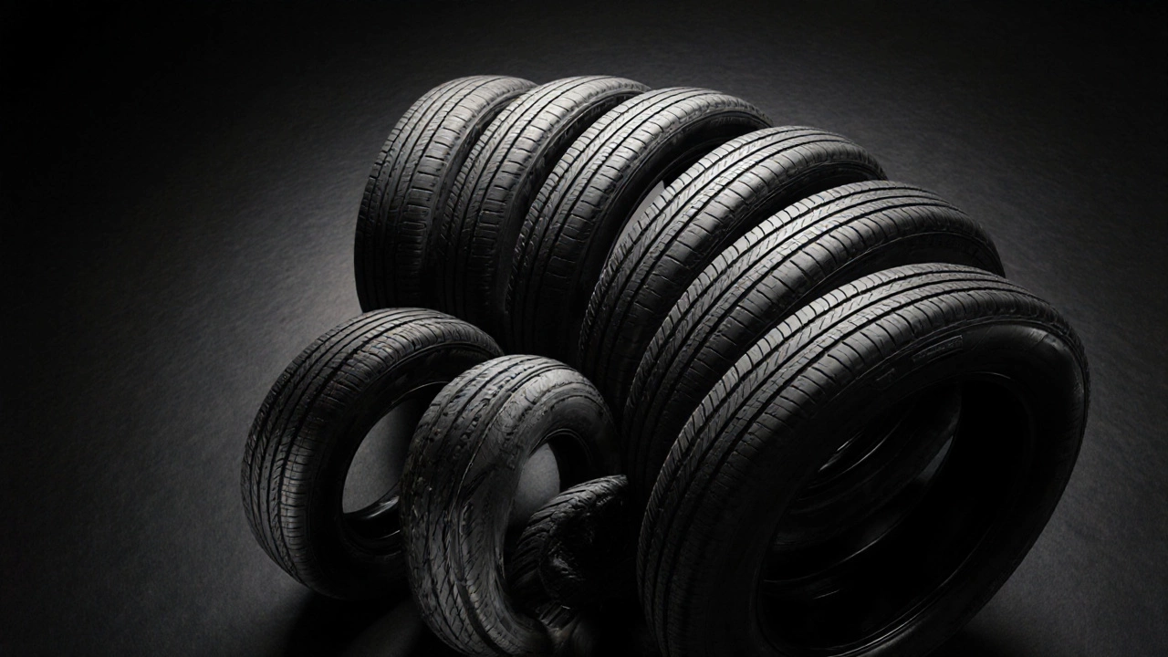 Five premium tires displayed side by side showing detailed treads.