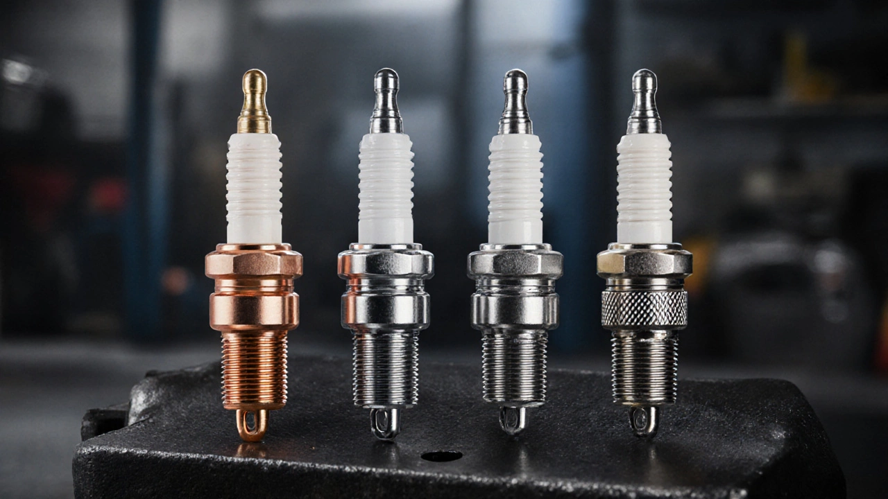 Four different spark plugs displayed on a metal surface, each showing unique material.