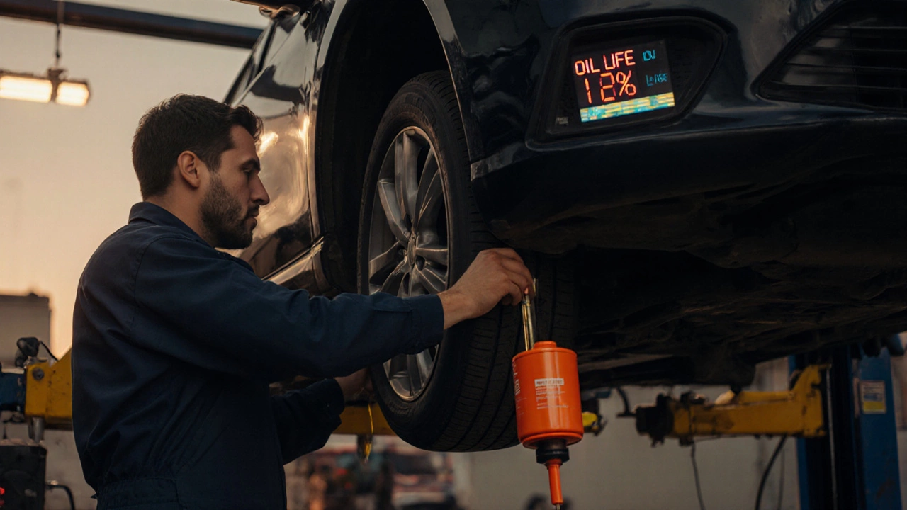 Mechanic changing oil on a lifted car with new filter, dipstick, and oil life warning display.