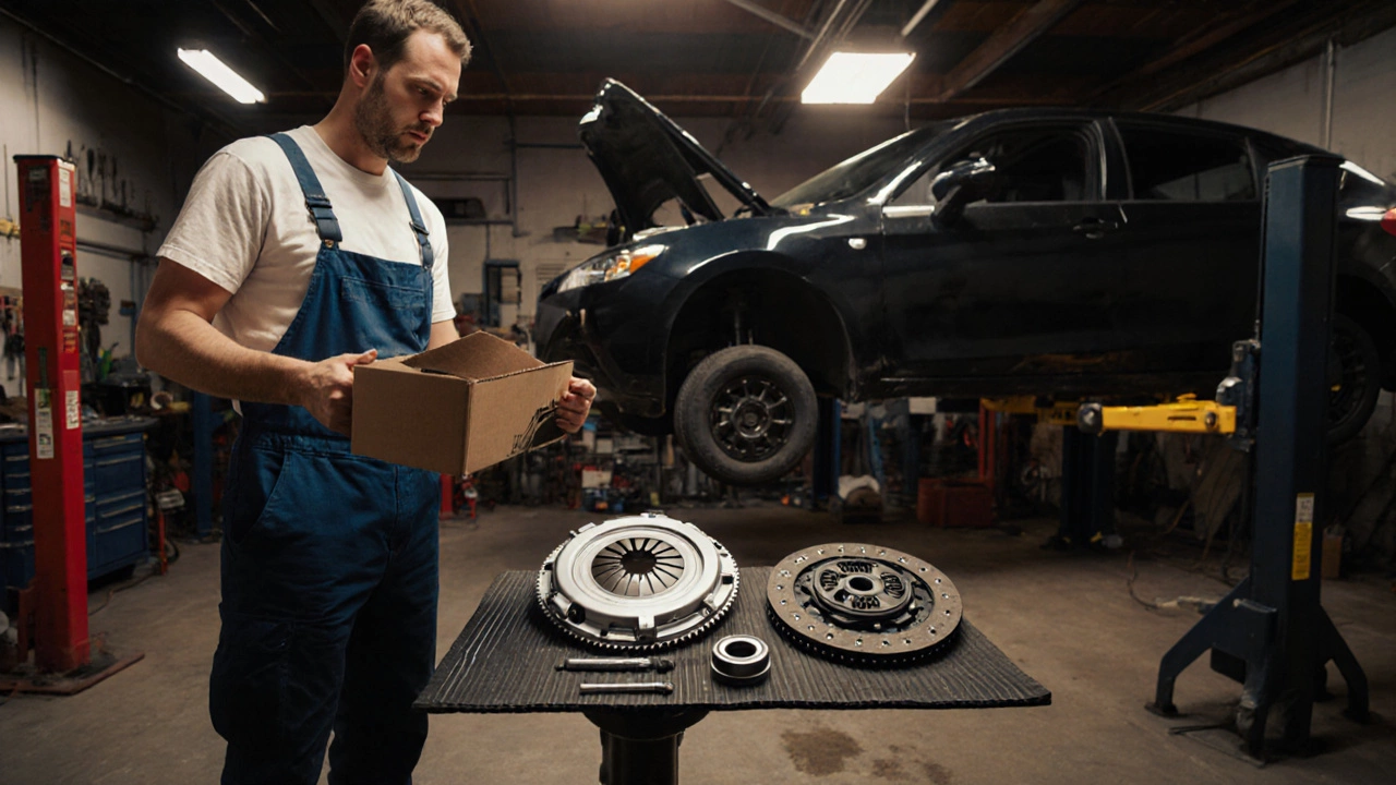 Mechanic in garage holding a clutch kit beside a lifted car and tools.