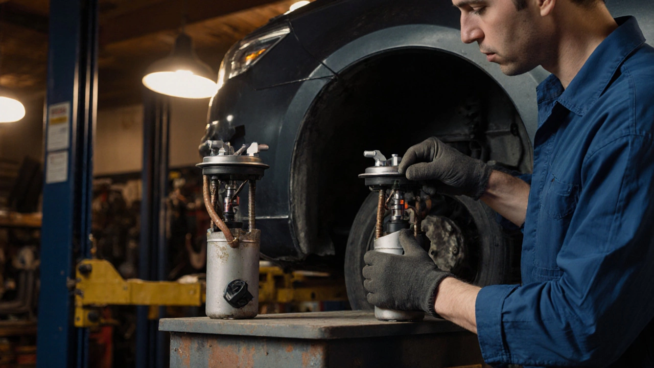 Mechanic replacing a fuel pump under a lifted car in a garage.