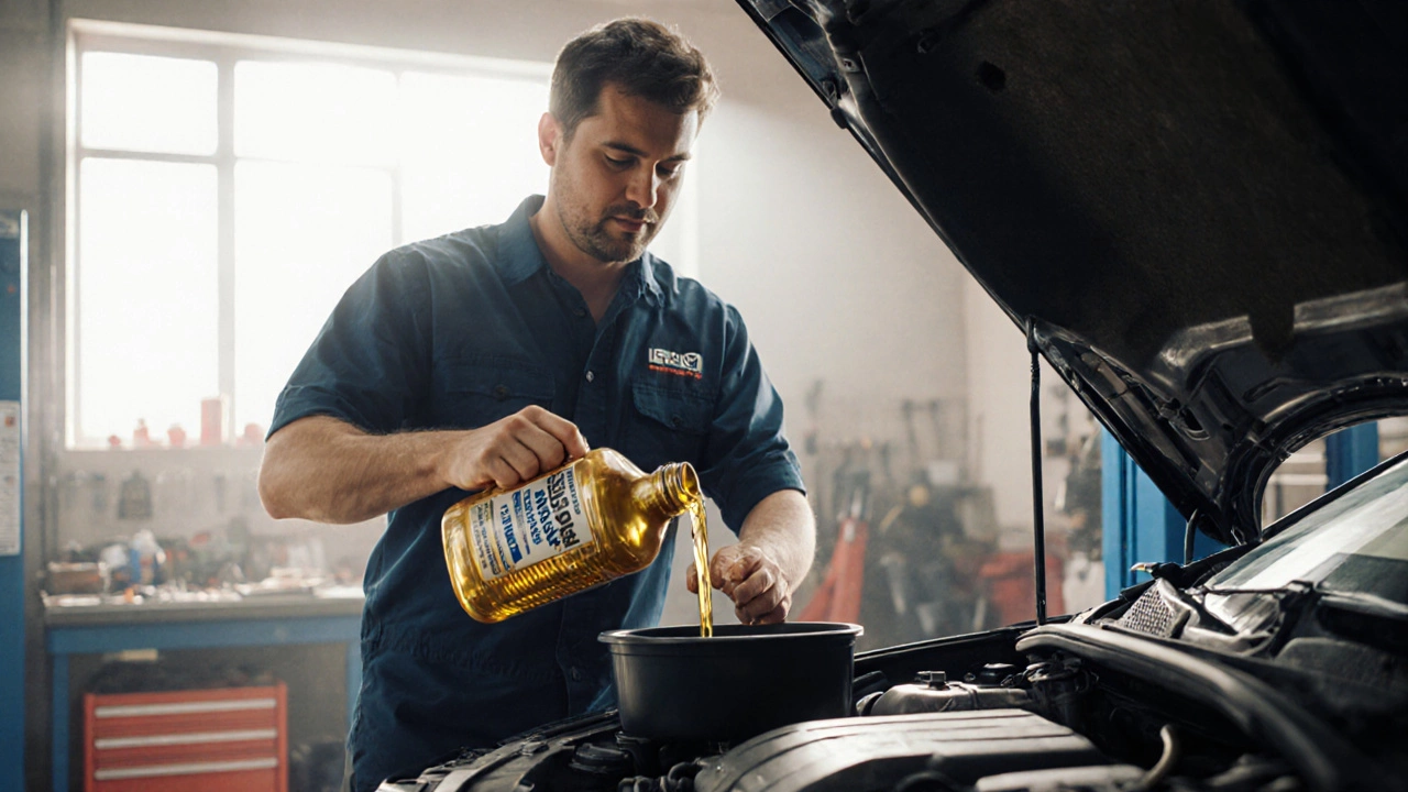 Mechanic swapping to synthetic oil in a clean workshop.