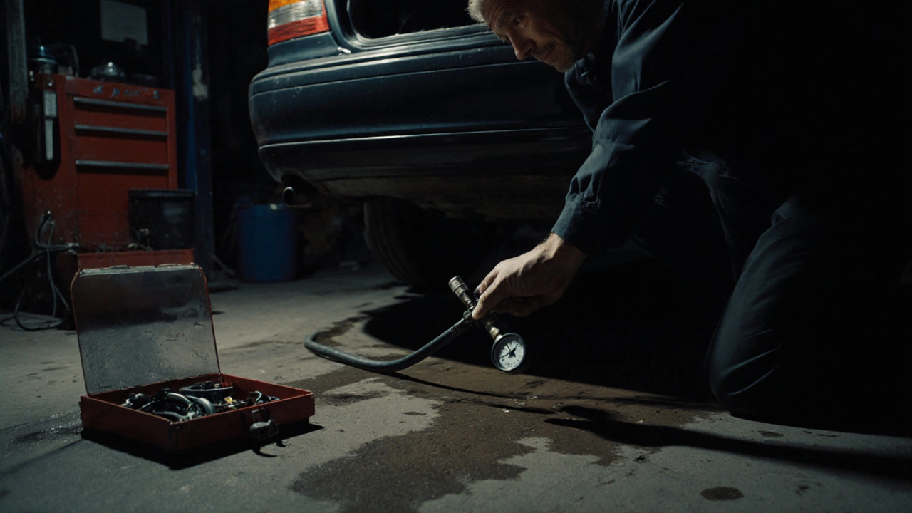 Mechanic testing fuel pressure on a car at night in a dimly lit garage.