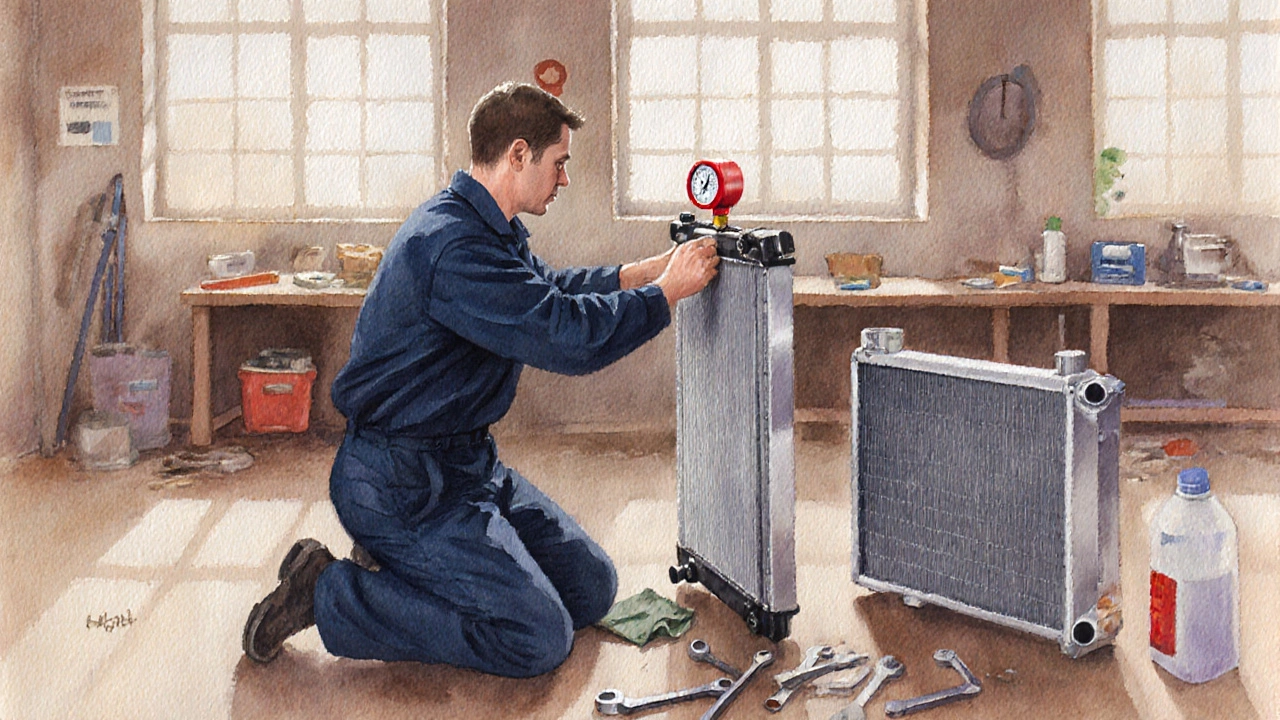 Mechanic tests a radiator with a pressure gauge in a bright garage.