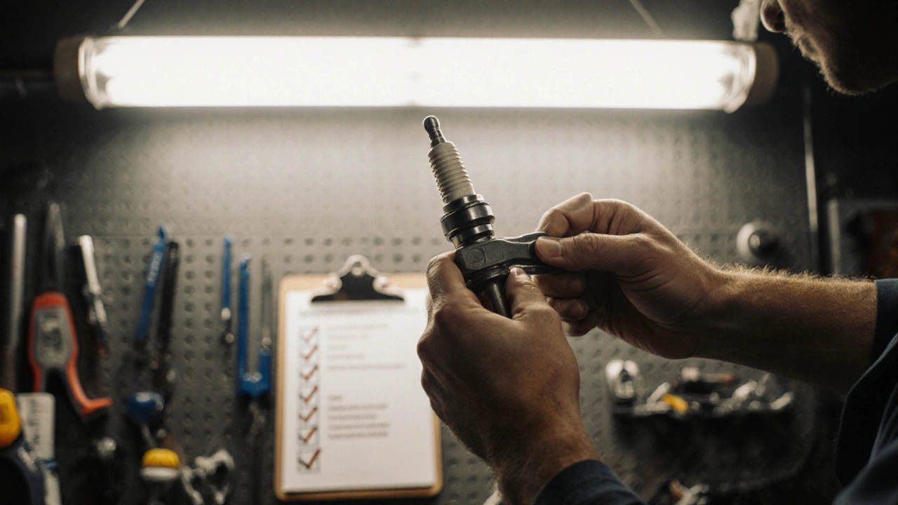 Mechanic tightening a spark plug with torque wrench beside a checklist in a workshop.