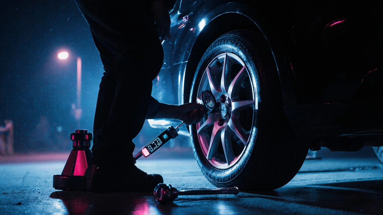 Night garage scene of a driver checking tire pressure with tools.