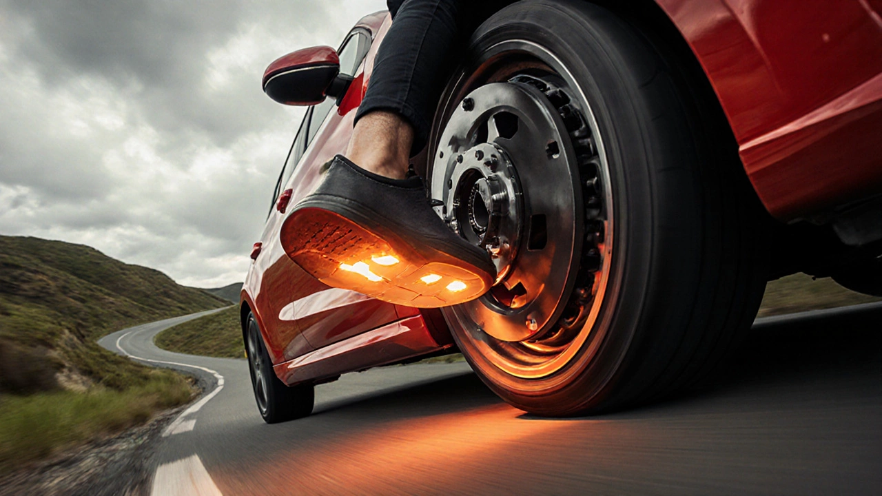 Sporty car climbing a hill with a performance clutch pedal highlighted.