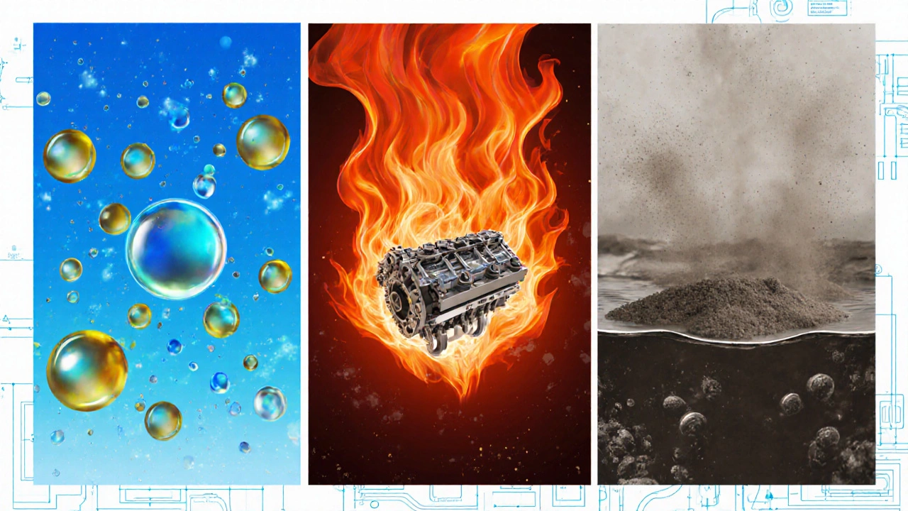 Three-panel illustration showing oxidation, heat cracking, and contamination of engine oil.