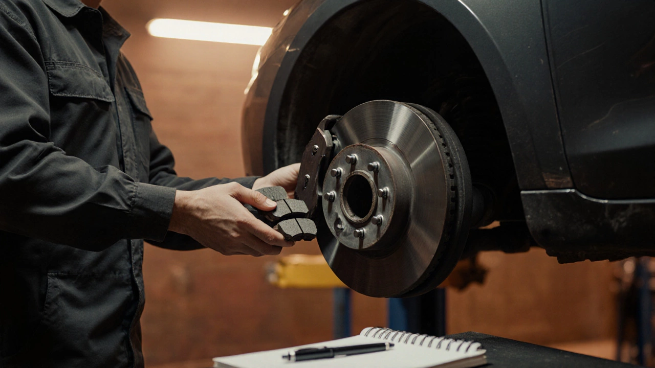 Workshop scene where a mechanic hands fresh brake pads to a DIYer, notebook and pen on the bench.
