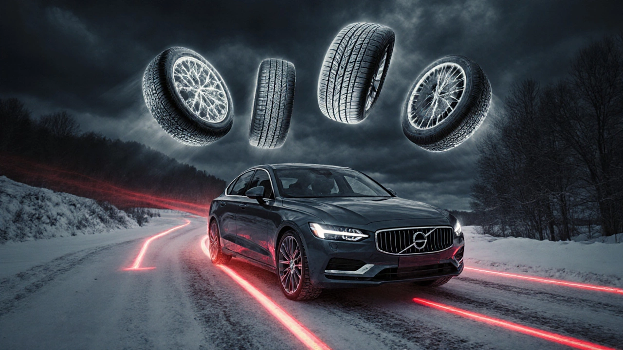 A car in a turn with ghost images of mismatched tires around it, symbolizing tire safety risks.