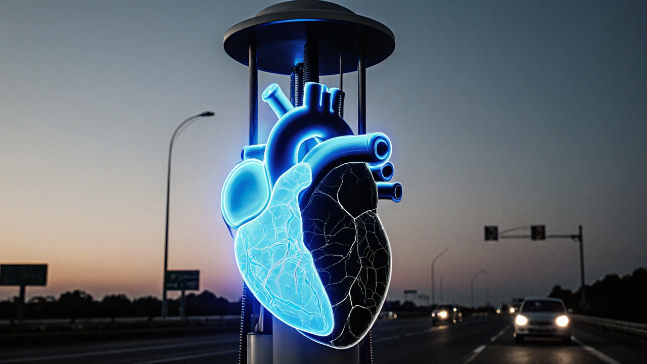 A fuel pump shaped like a heart, one side healthy and glowing, the other failing on a highway.