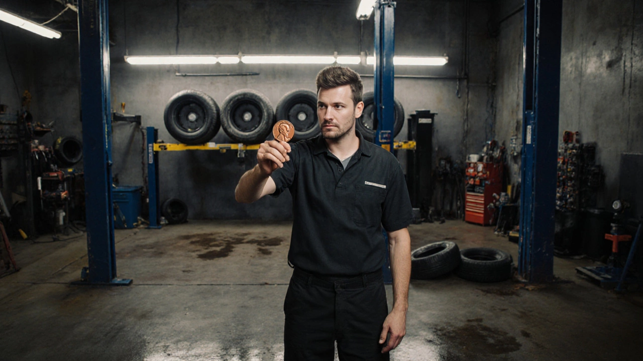 A mechanic showing low tire tread using a penny, with new tires on a rack in the background.