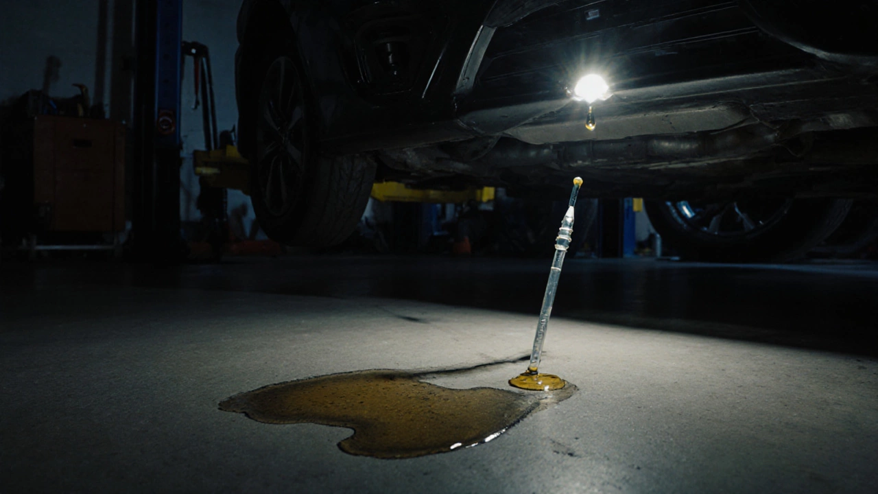 A seized Honda Civic engine in a garage, oil dipstick on the floor beside a small oil puddle.