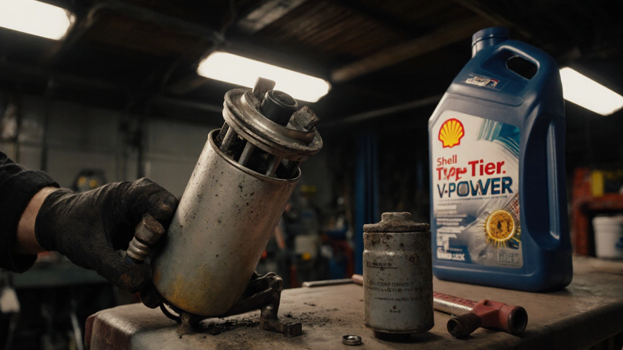 A worn fuel pump next to a clean filter and premium fuel bottle in a garage workshop.