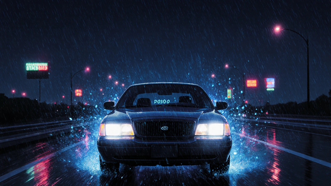 Car hesitating on a wet highway at night with check engine light glowing.