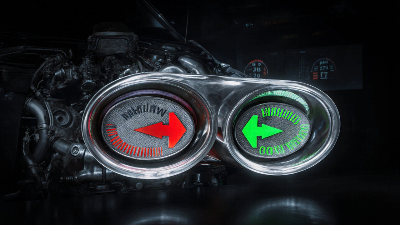 Cross-section of engine exhaust systems: restrictive vs. MagnaFlow&#039;s free-flow design with color-coded gas flow.