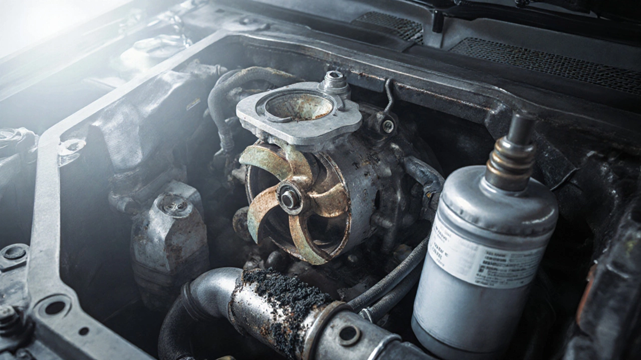 Cutaway view of a fuel pump inside a gas tank with worn parts and clogged filter.