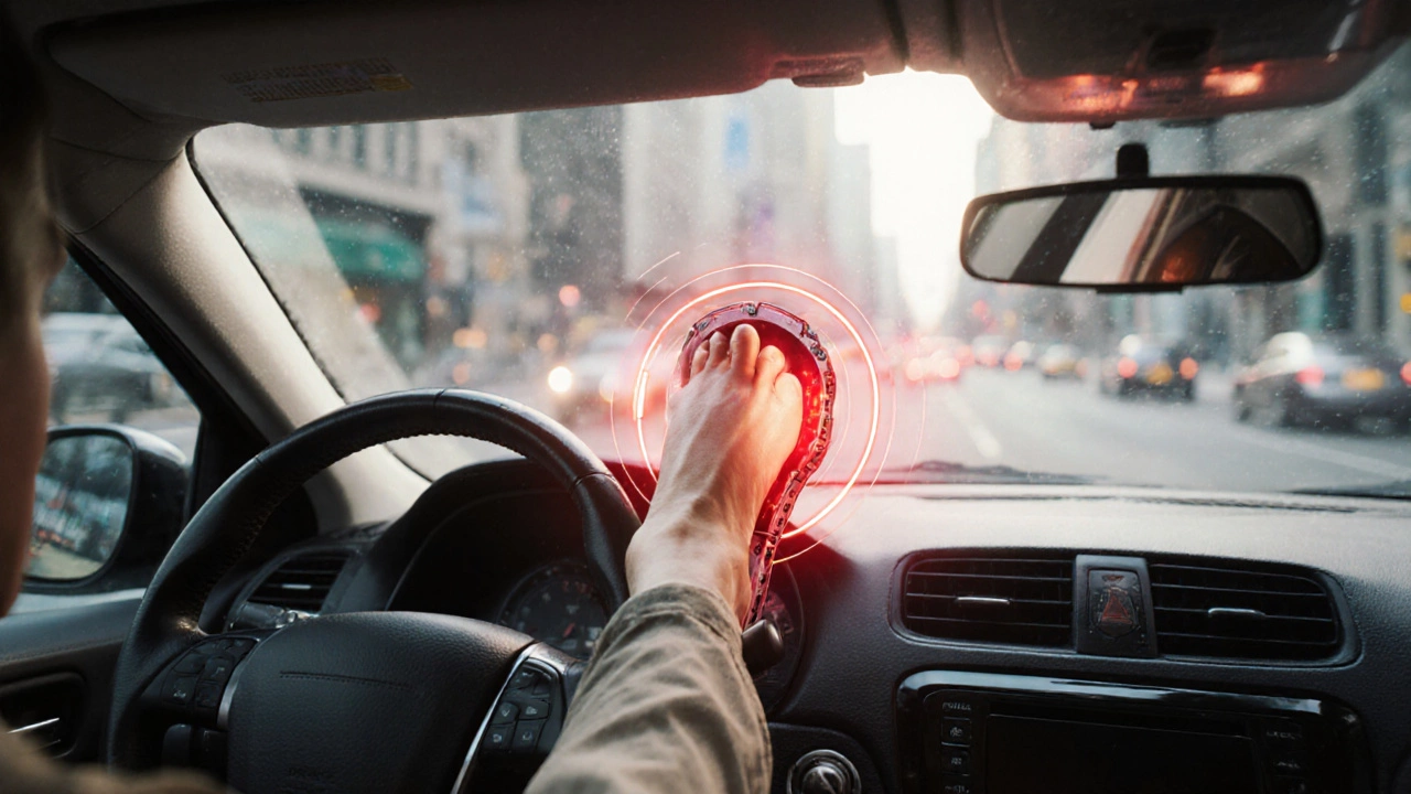 Driver&#039;s foot hovering above a clutch pedal with glowing warning lines indicating wear.