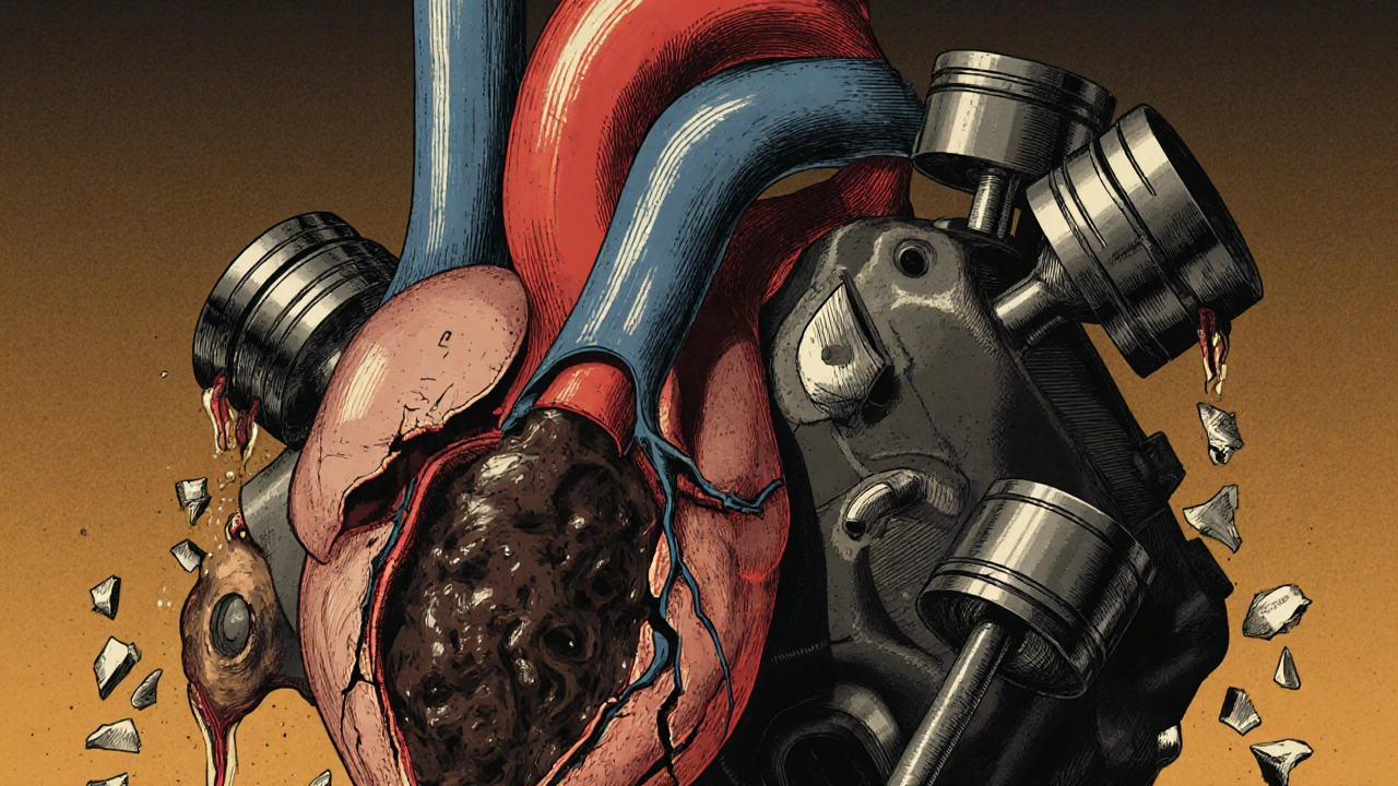 Engine depicted as a failing heart with clogged oil vessels and metal debris.