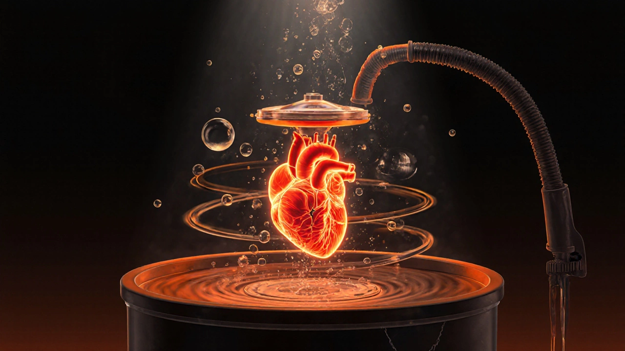 Fuel pump overheating inside an empty tank, surrounded by air bubbles and heat waves.
