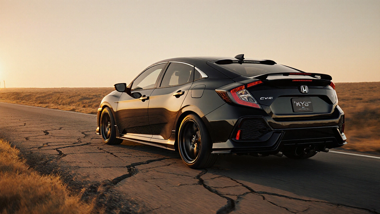 Honda Civic driving smoothly on road, upgraded shocks and tires creating a calm ride.