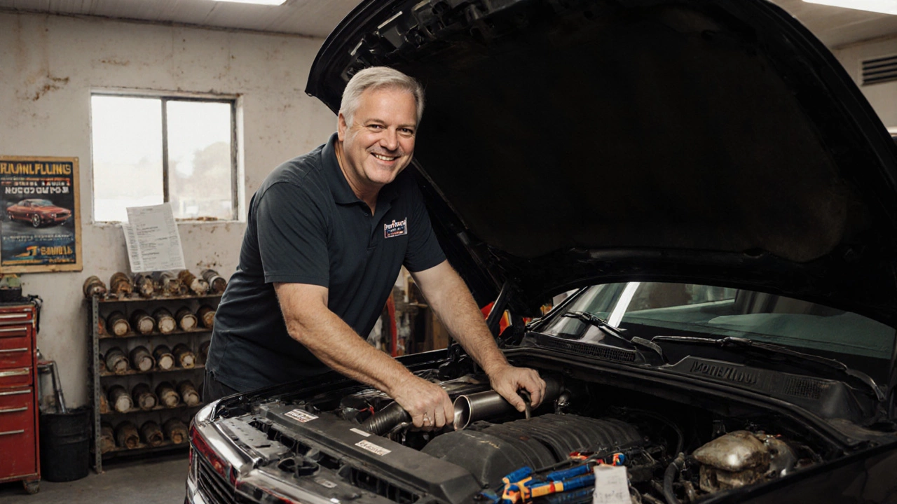 Man closing truck hood after installing MagnaFlow muffler, tools on garage floor, fuel receipt visible.