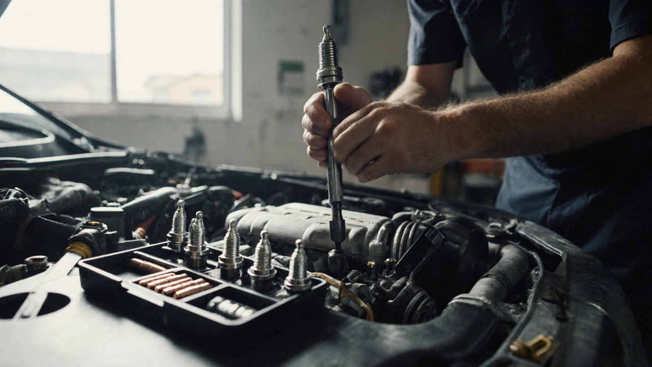 Mechanic carefully installing new iridium spark plugs using a torque wrench in a garage.