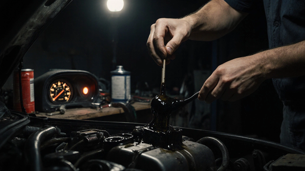 Mechanic checking engine oil as warning lights glow on a dashboard.