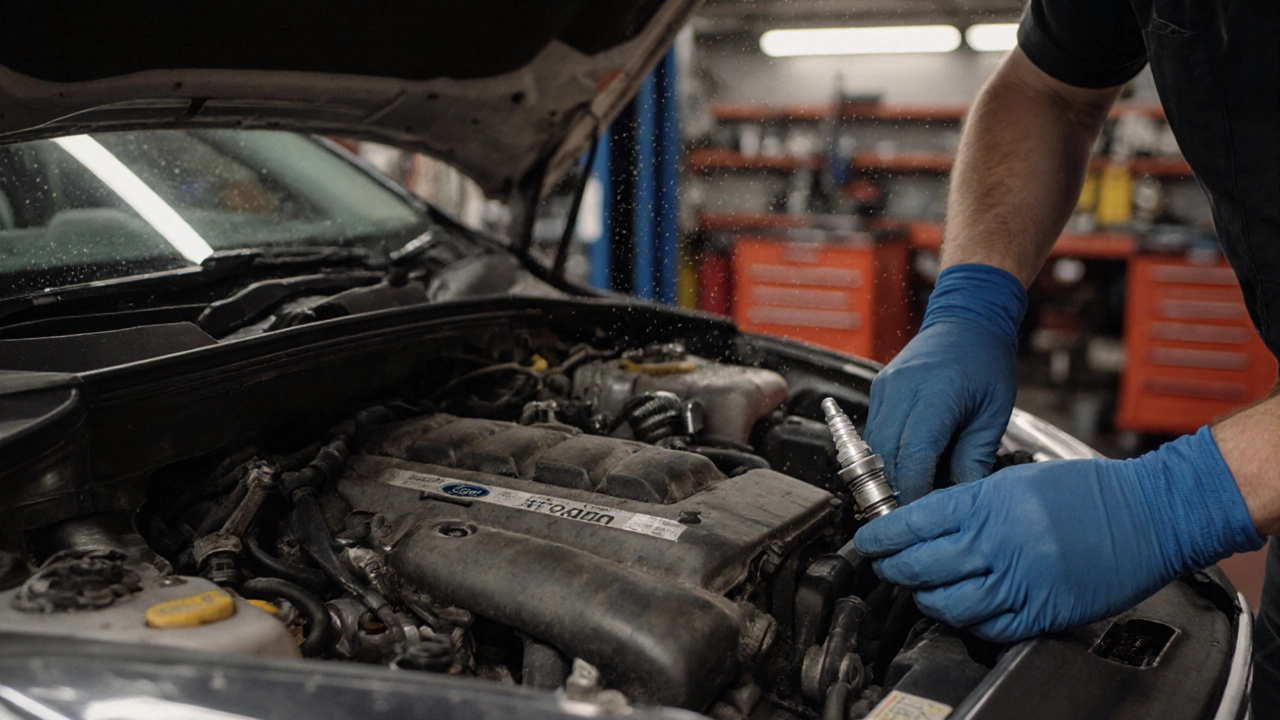 Mechanic installing new spark plugs in a Ford Focus engine in a garage