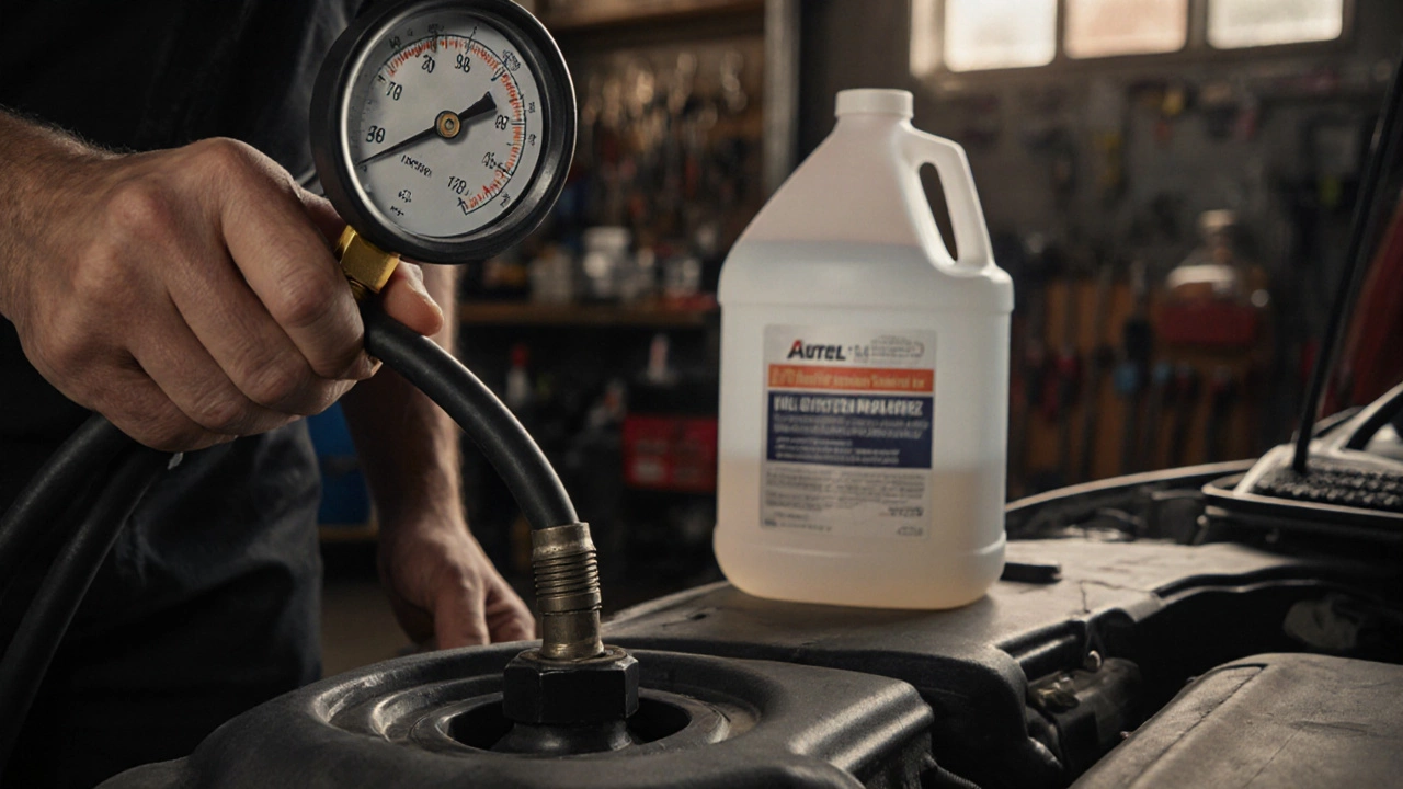Mechanic testing fuel pressure with gauge, fuel cleaner bottle nearby in garage.