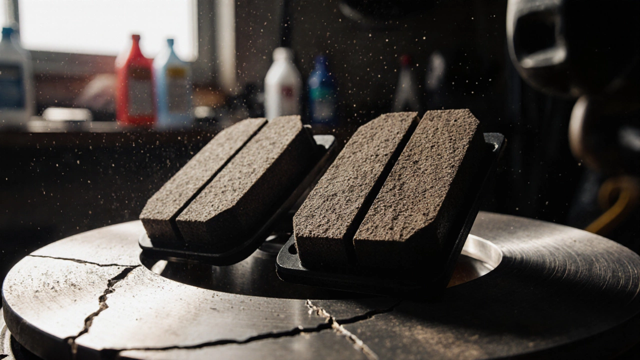 Side-by-side comparison of new and worn brake pads on a damaged rotor.