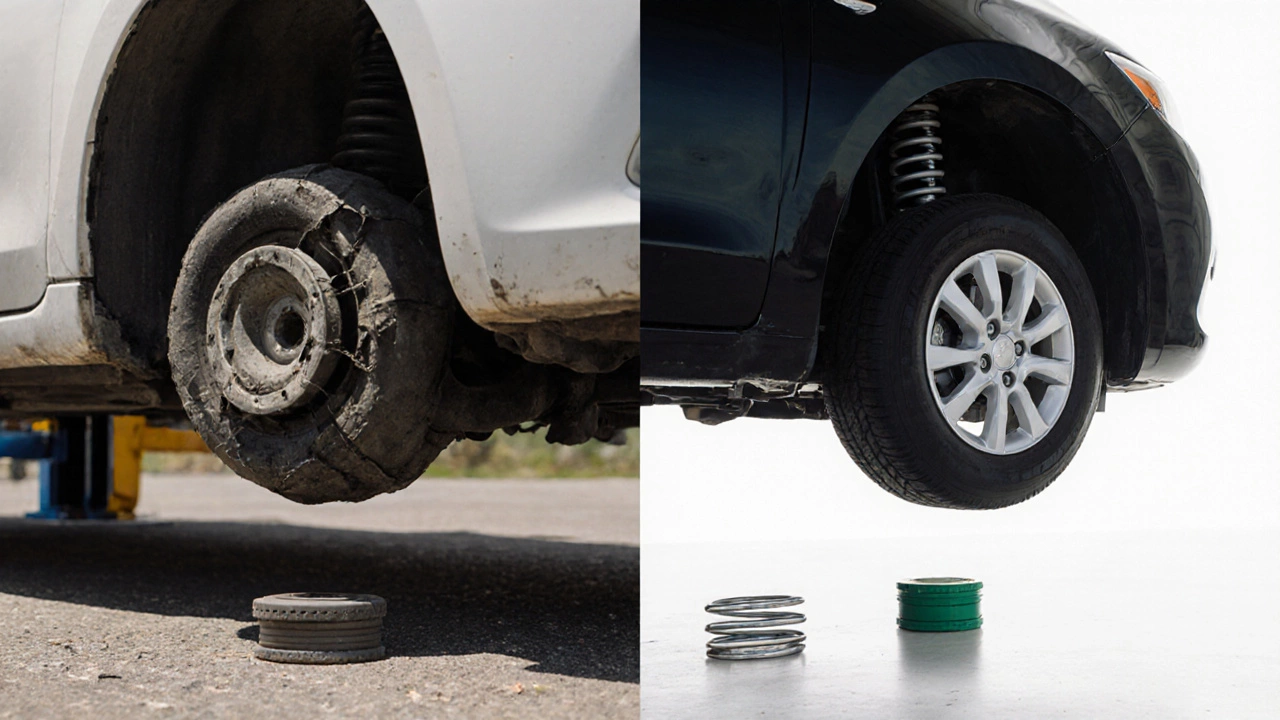Side-by-side comparison of worn vs. replaced suspension components, symbolizing repair and improvement.