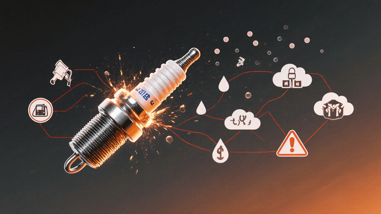 Spark plug exploding into symbols of fuel waste, emissions, and repair costs.