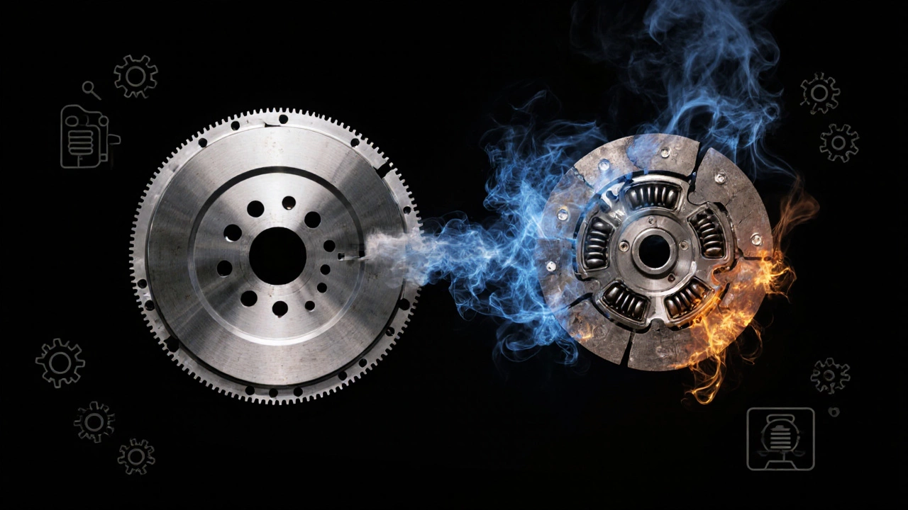 Split image comparing a healthy clutch system to a damaged one with heat marks and oil contamination.