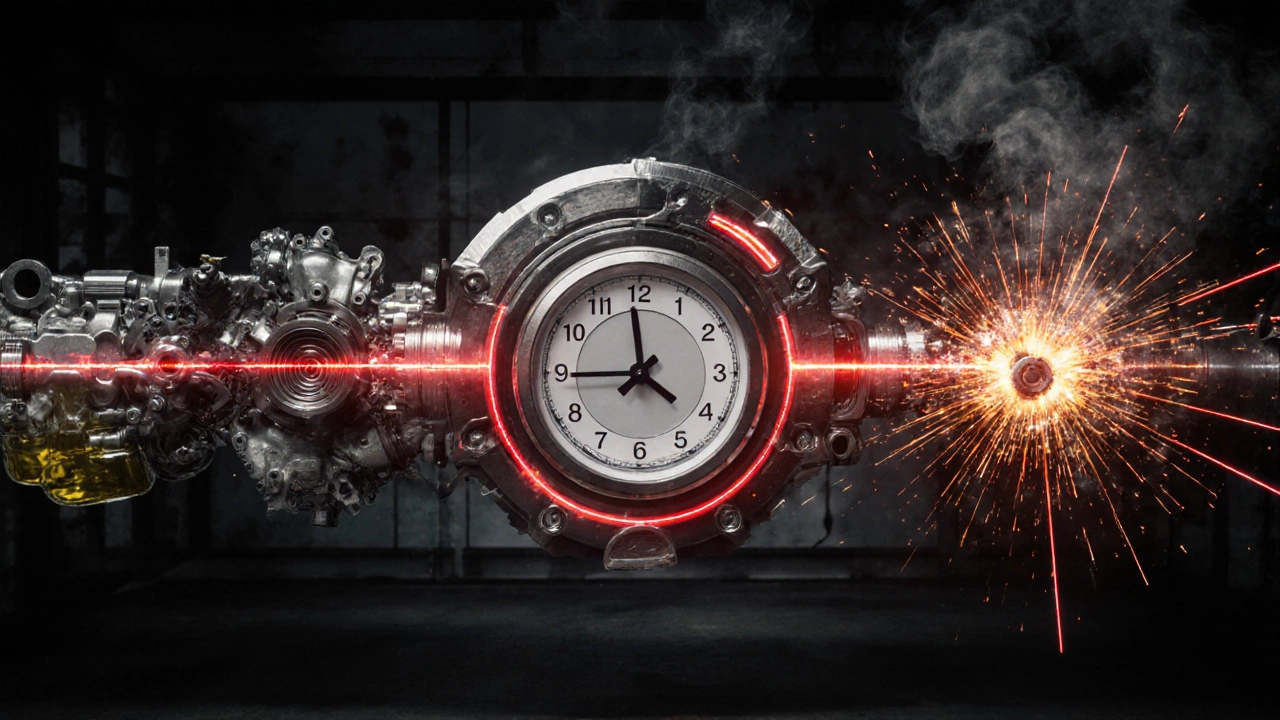Split-image showing an engine&#039;s destruction over time, with a countdown clock in the center.