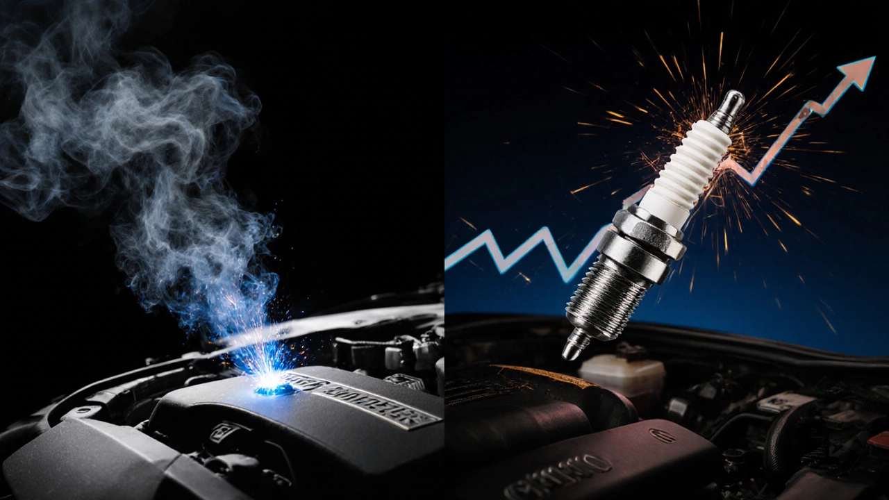 Split image showing old spark plugs causing engine problems versus new ones improving efficiency.