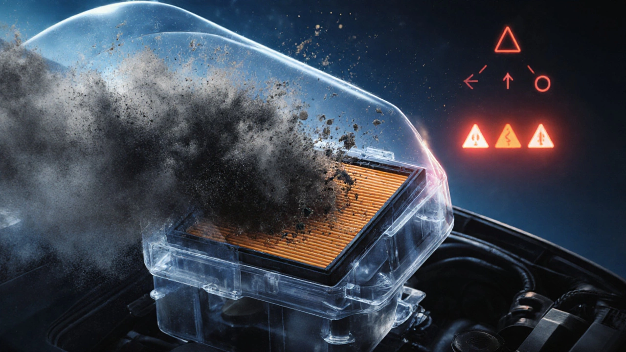 Transparent engine air filter blocking dust while allowing clean airflow into the engine.