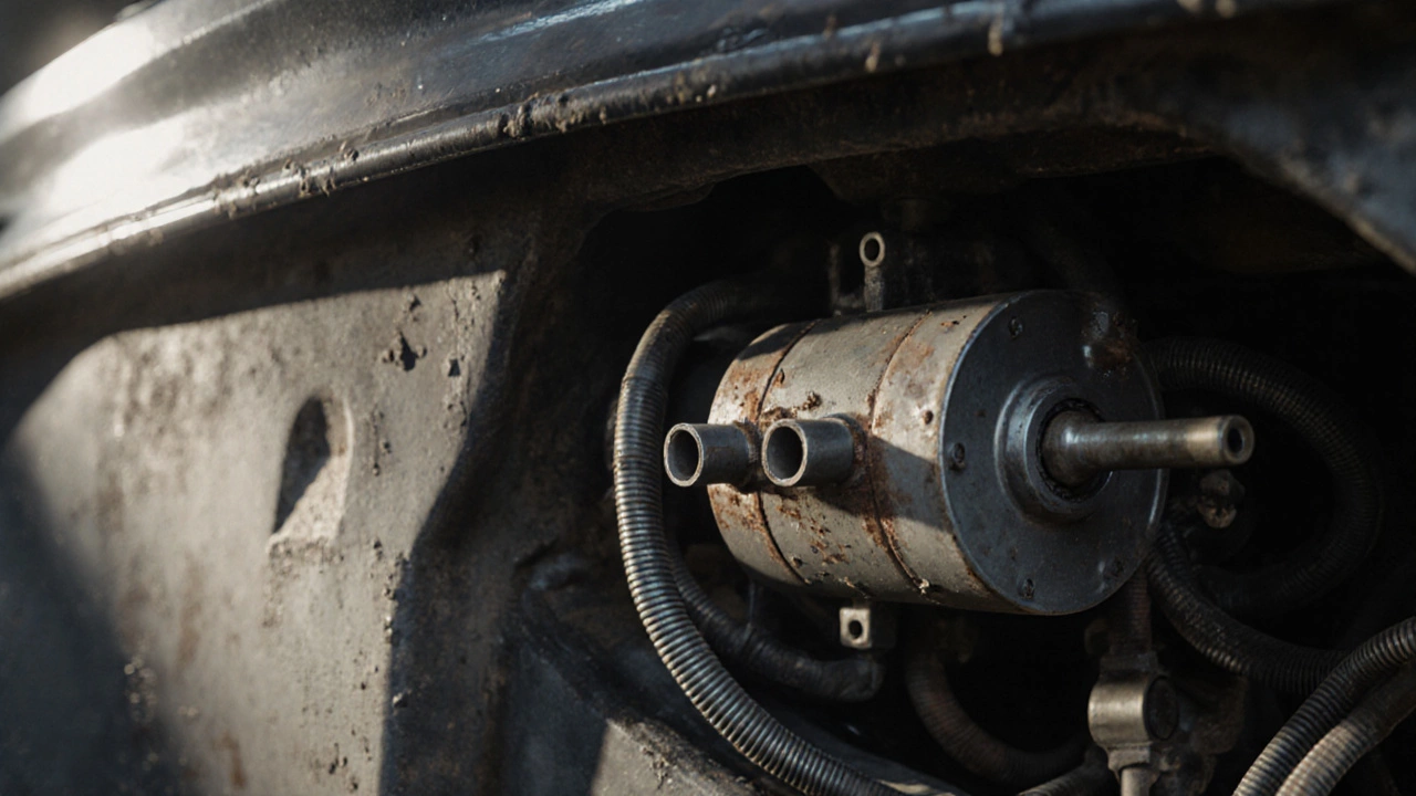 Worn fuel pump with exposed wires and corrosion beneath a car&#039;s gas tank.