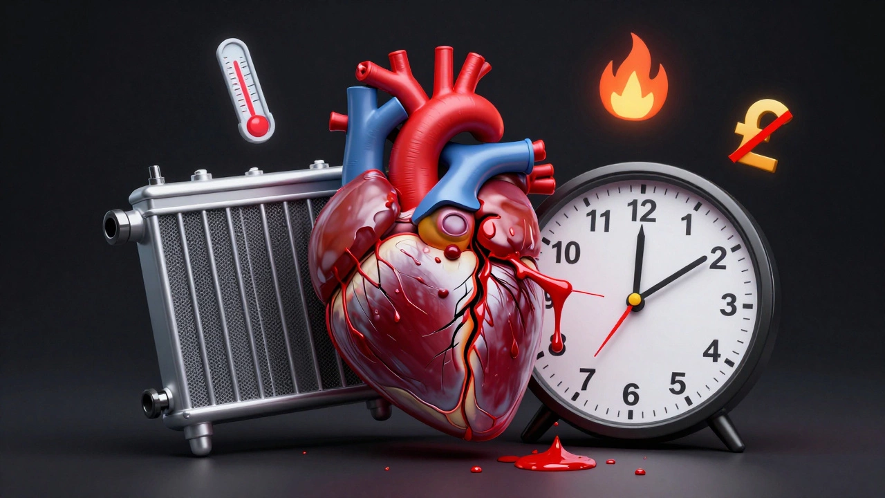 A car engine depicted as a heart with a cracked radiator as a bleeding wound and a countdown clock.