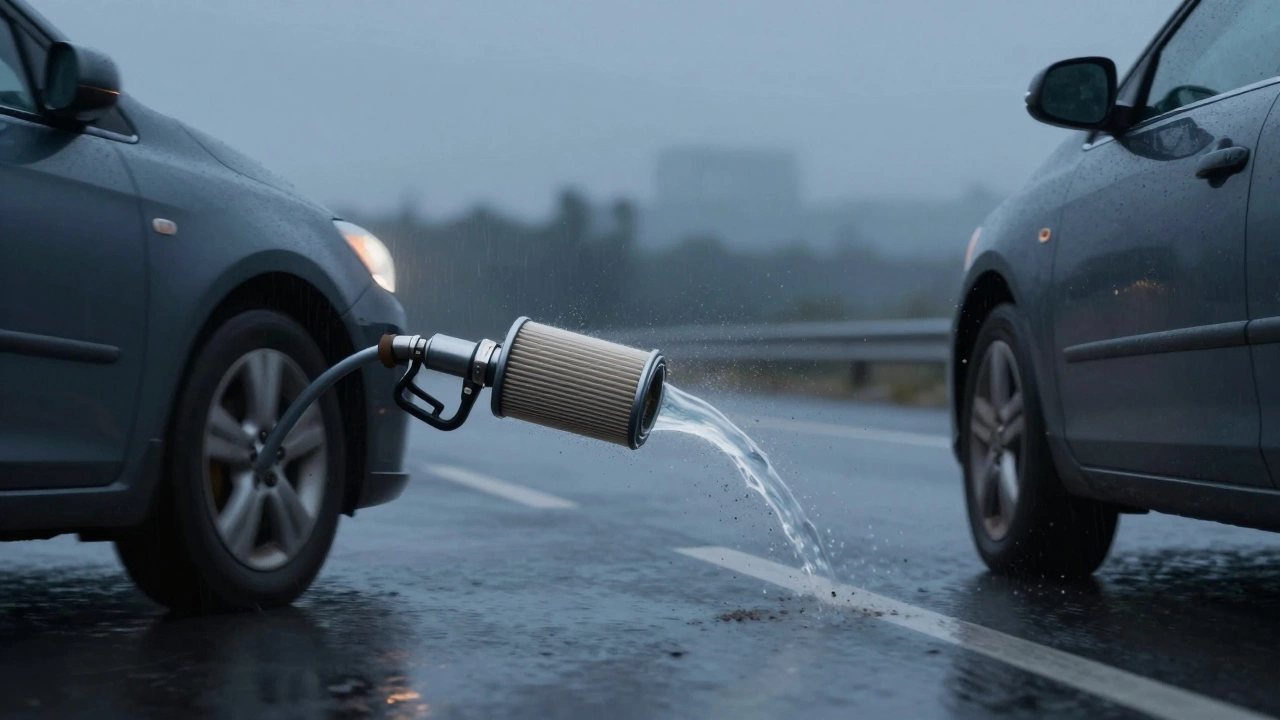 A car sputtering on a wet highway with fuel flow visibly blocked in the line.