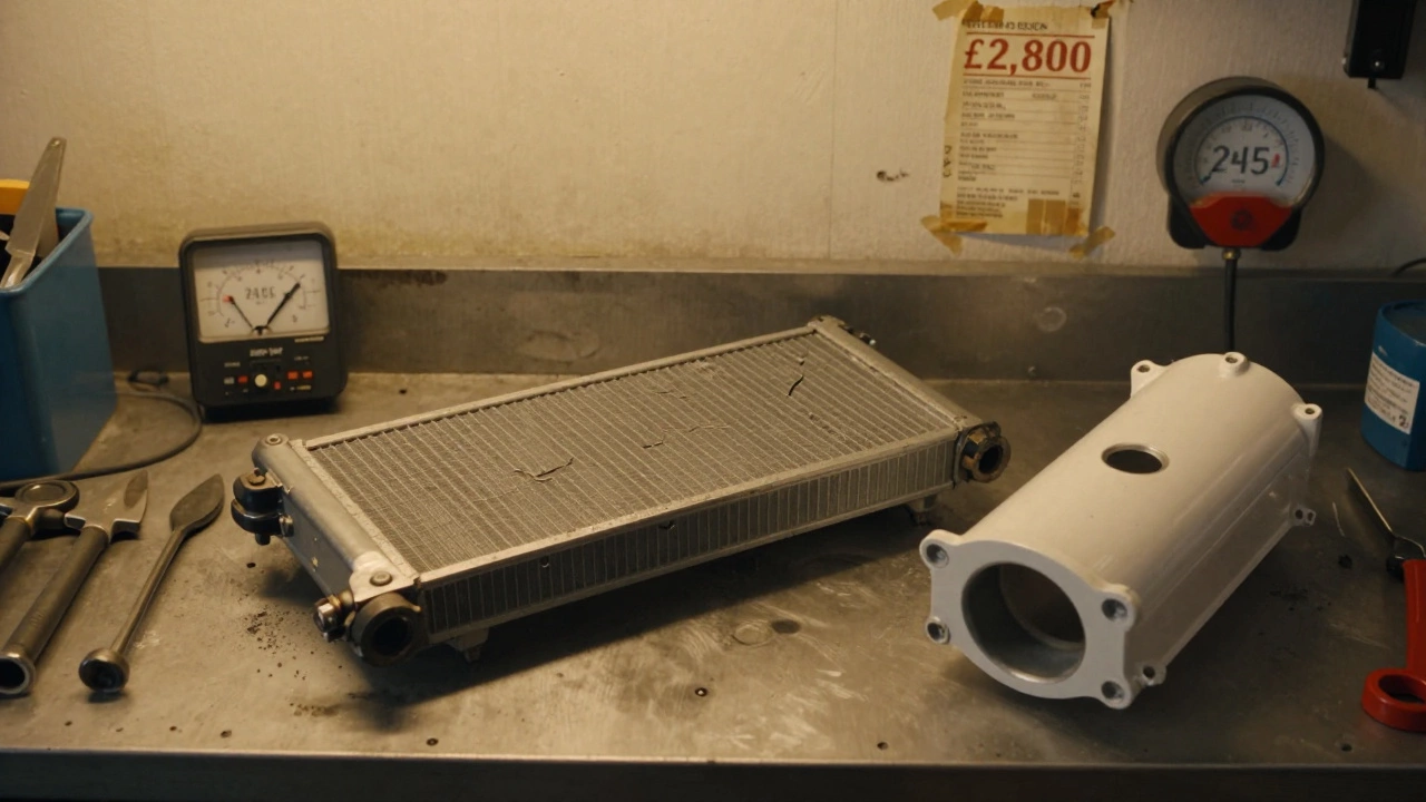 A cracked radiator next to a new one on a mechanic&#039;s workbench in a garage.